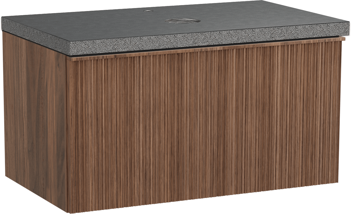 Balmani Forma zwevend badmeubel 90 x 55 cm amerikaans notenhout met Rock enkel wastafelblad in zwart graniet, Verticale asymmetrische ronde ribbel