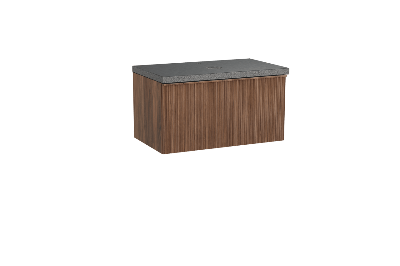 Balmani Forma zwevend badkamermeubel 90 x 55 cm amerikaanse notelaar met Rock enkel tablet in graniet zwart, Verticale asymmetrische ronde ribbel