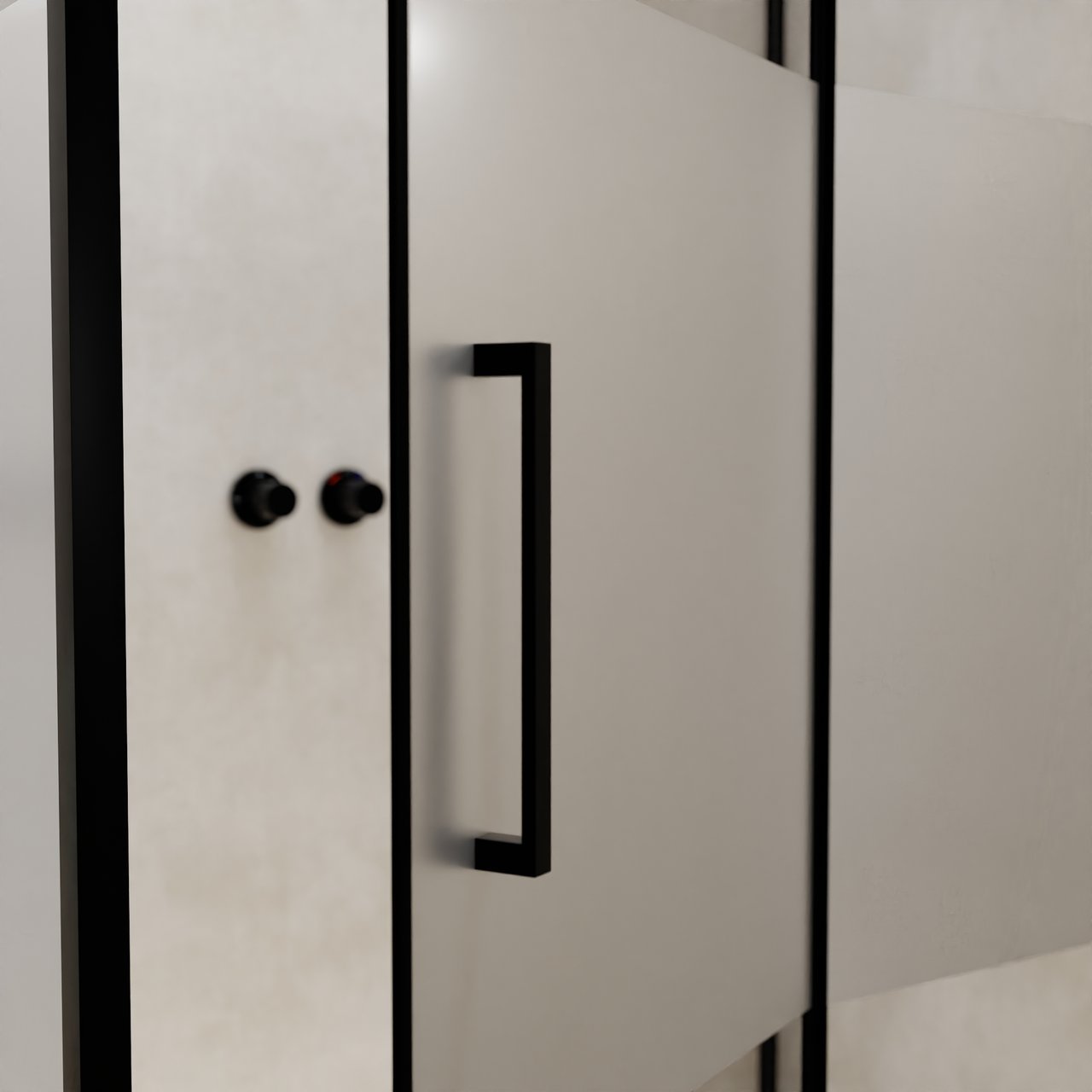 Balmani Senses Design douchehoek met rechtse draaideur en vaste zijwand, 120 x 100 cm, Helder glas met matte strook, Zwarte profielen, met coating