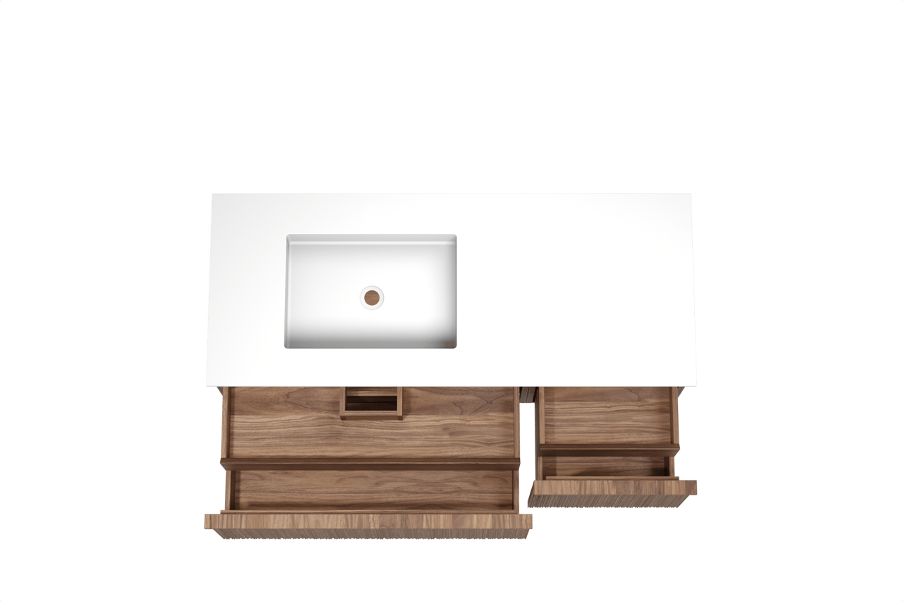 Balmani Forma hängendes Möbelstück Set: 135 x 55 cm, Amerikanischer Nussbaum, mit Tablo Stretto Waschtisch links, Solid Surface, Weiß matt, Vertikale asymmetrische Runde Rippe