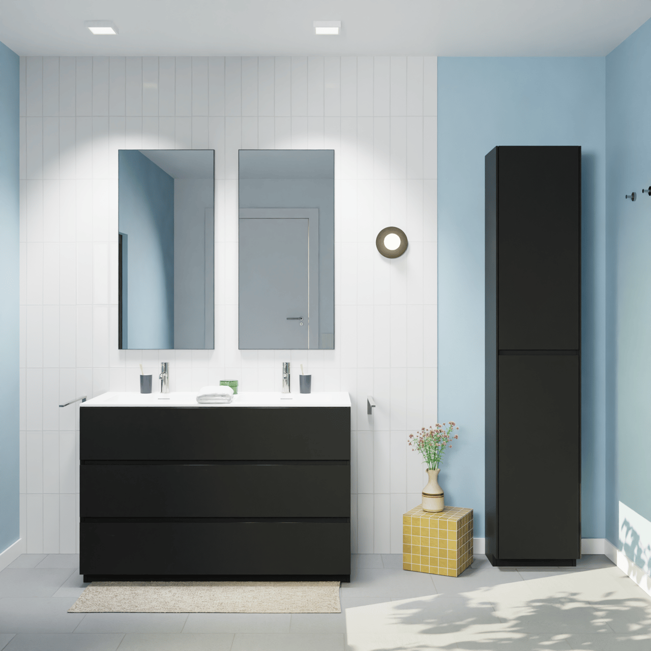 Storke Edge staand badmeubel 120 x 52 cm mat zwart met Mata dubbele wastafel in solid surface mat wit