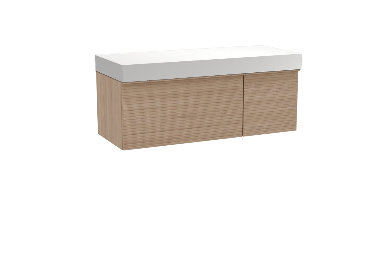 Balmani Forma meuble salle de bains suspendu 135 x 55 cm chêne naturel avec Dominus tablette simple ou double en solid surface blanc mat, Nervure droite symétrique horizontale