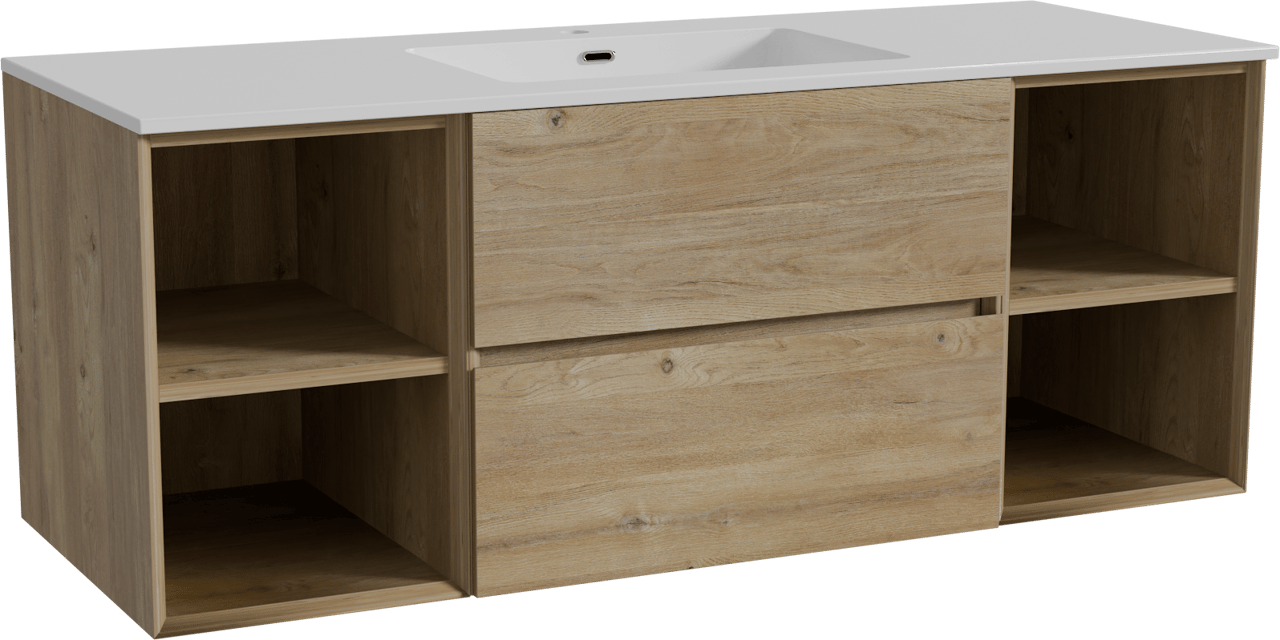 Storke Edge zwevend badmeubel 135 x 52 cm ruw eiken met Diva enkele wastafel in composietmarmer hoogglans wit