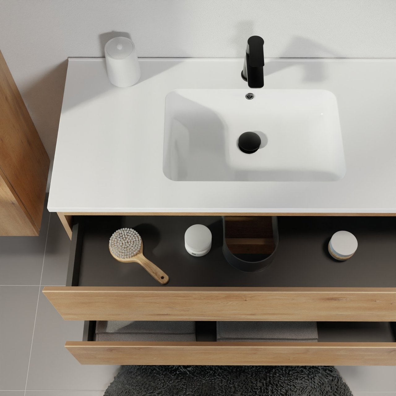 Linie Lado meuble salle de bains suspendu 100 x 46 cm chêne naturel avec Vano vasque asymétrique droite en marbre composite blanc brillant