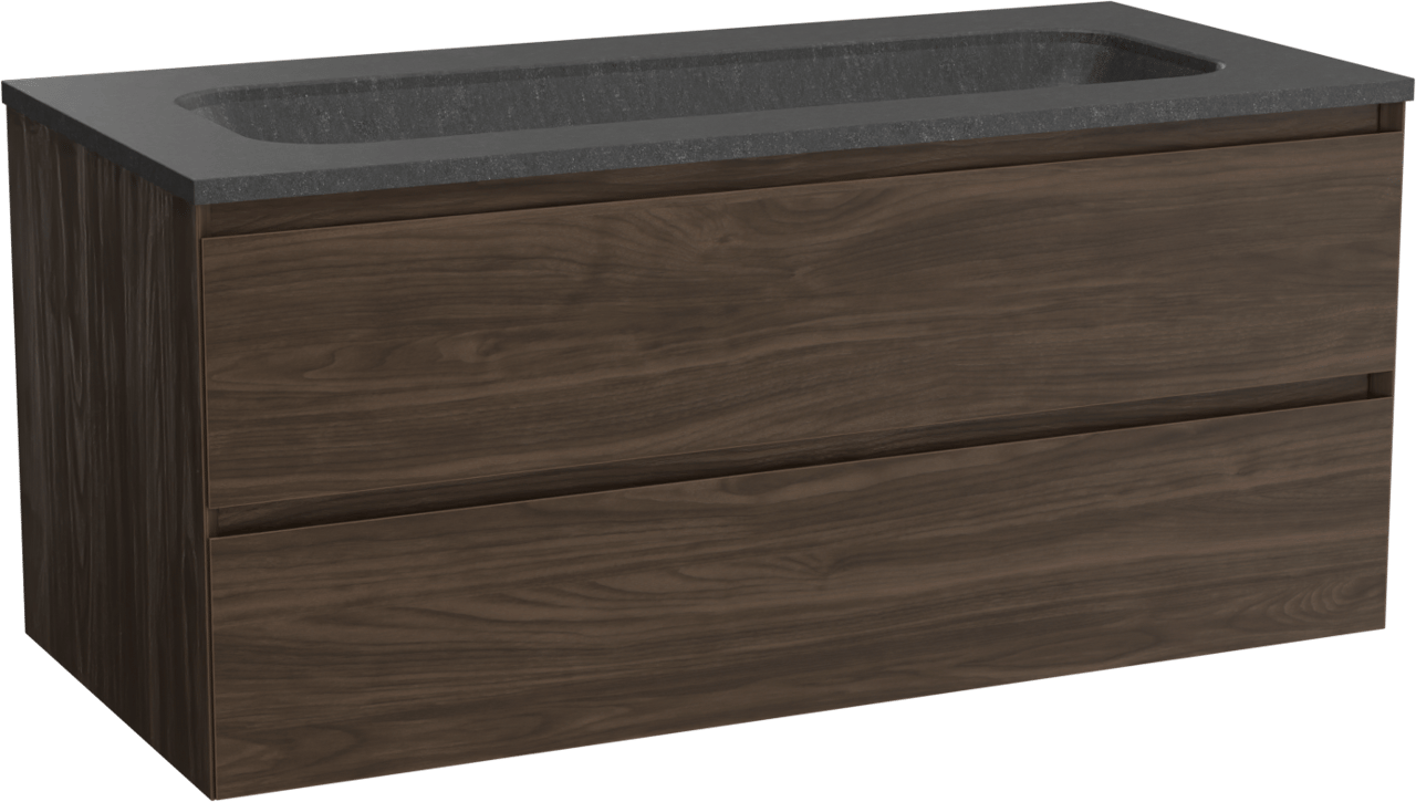 Balmani Mitra hängendes Möbelstück Set: 120 x 55 cm, Amerikanischer Nussbaum, mit Tablo Arcato Einzelwaschtisch für 2 Armaturenlöcher, Schwarzes Granit