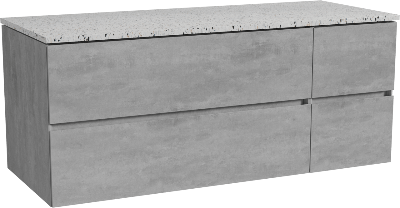 Storke Edge meuble salle de bains suspendu 130 x 52 cm béton gris foncé avec Tavola tablette simple ou double en blanc/noir mat terrazzo