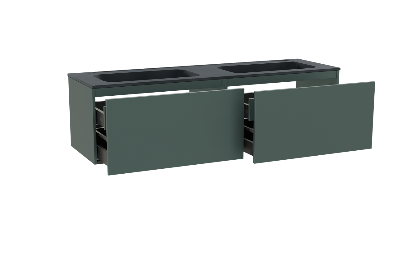 Balmani Sfera hängendes Möbelstück Set: 180 x 55 cm, Forest, mit Tablo Strada Doppelwaschtisch, Marmorkomposit Schwarz matt