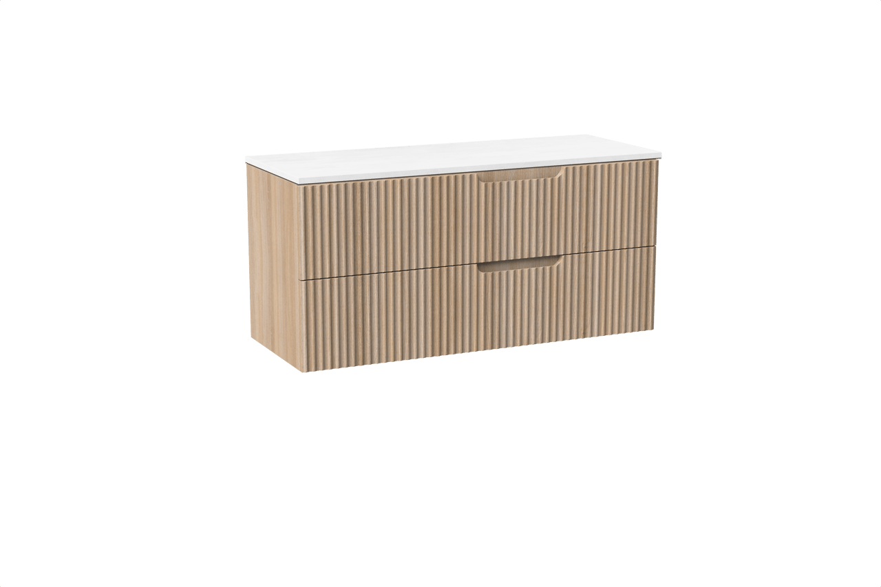 Linie Ribbo meuble salle de bains suspendu 120 x 46 cm chêne clair avec Lado tablette double en marbre composite blanc mat, Nervure circulaire symétrique verticale