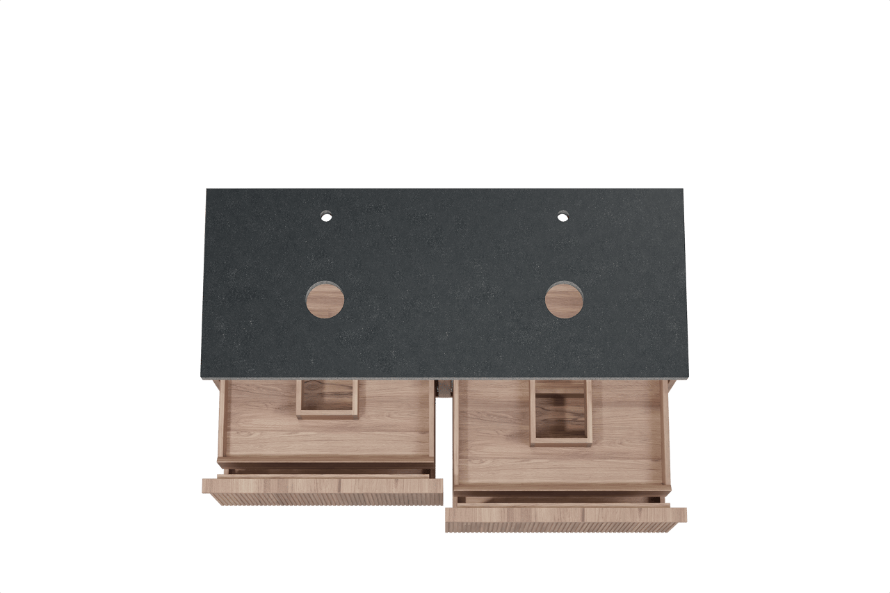 Balmani Forma hängendes Möbelstück Set: 135 x 55 cm, Teak, mit Rock Doppel Waschtischplatte, Granit, Schwarzes Granit, Vertikale symmetrische gerade Rippe