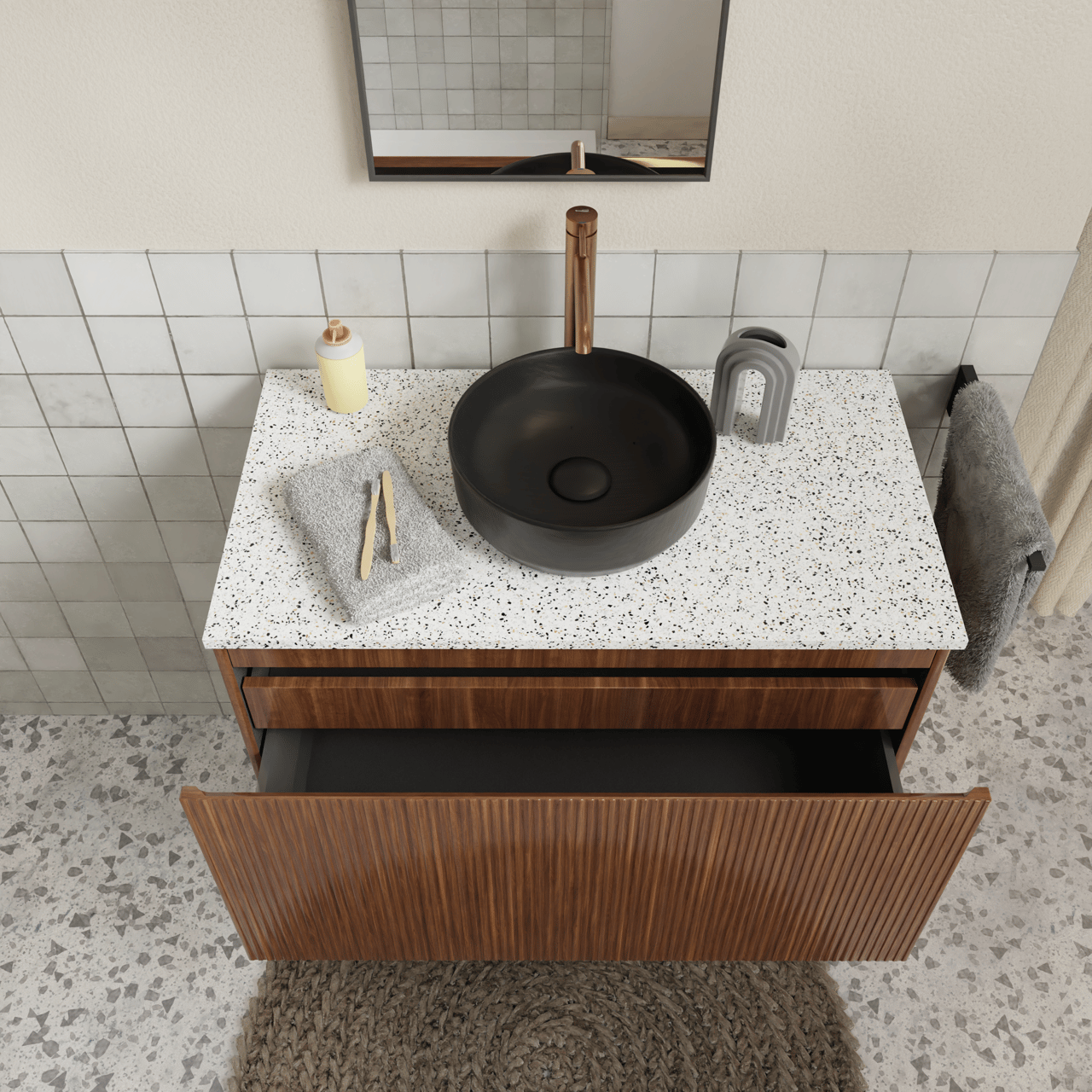 Storke Ribs hängender Waschbeckenunterschrank: 95 x 52 cm, Nussbaum, 2 Schubladen