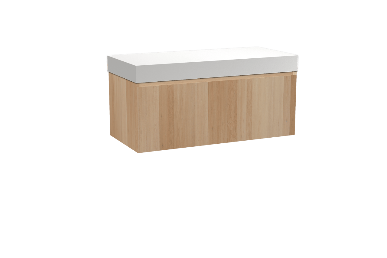 Balmani Idra zwevend badmeubel 120 x 55 cm naturel eiken met Dominus enkel of dubbel wastafelblad in solid surface mat wit