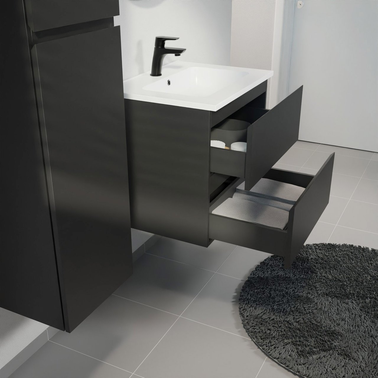 Linie Lado zwevend badkamermeubel 60 x 46 cm mat zwart met Vano enkele wastafel in composietmarmer mat wit