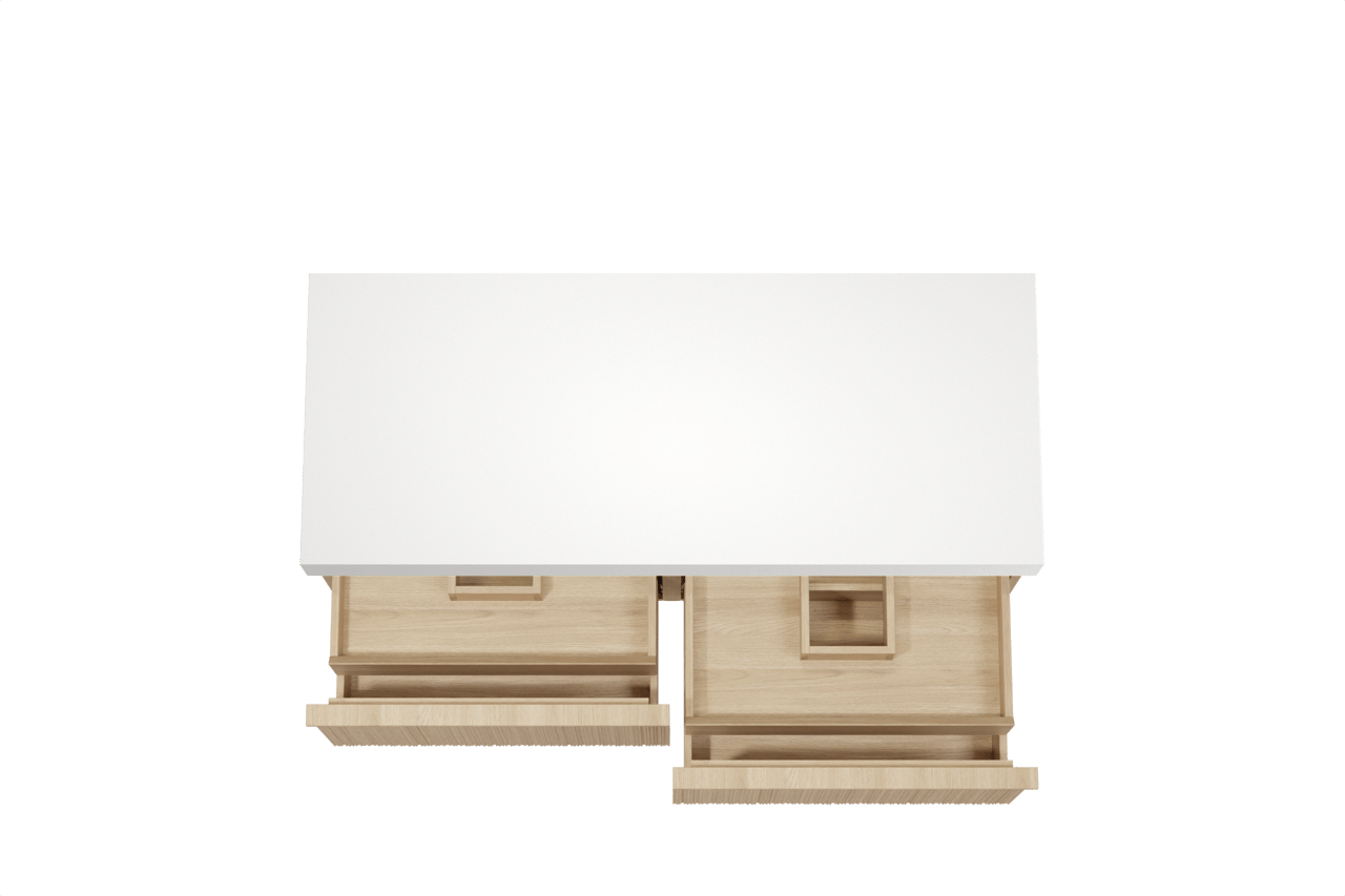 Balmani Forma hängendes Möbelstück Set: 135 x 55 cm, Naturbelassene Eiche, mit Dominus Einzel- oder Doppel Waschtischplatte, Solid Surface, Weiß matt, Vertikale asymmetrische Runde Rippe