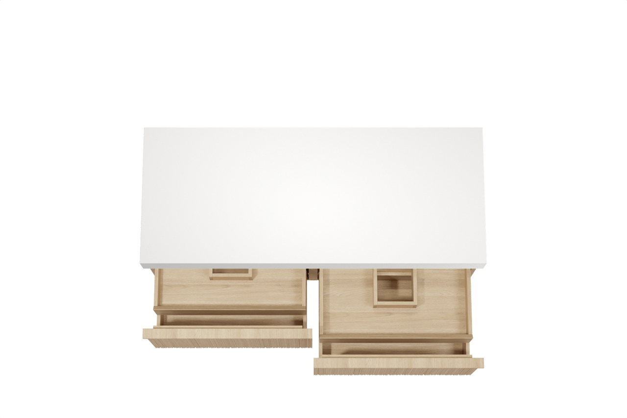 Balmani Forma hängendes Möbelstück Set: 135 x 55 cm, Naturbelassene Eiche, mit Dominus Einzel- oder Doppel Waschtischplatte, Solid Surface, Weiß matt, Vertikale asymmetrische Runde Rippe