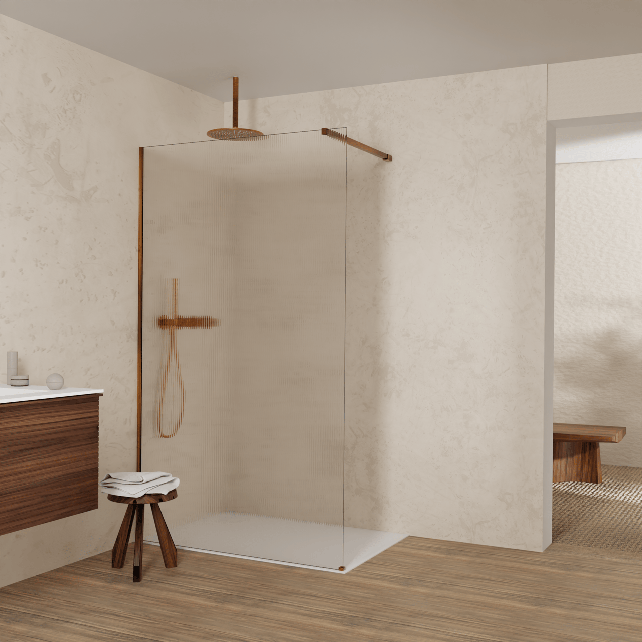 Balmani Modular Walk-In Dusche: 120 x 200 cm, Ribs, inklusive Coating, Profil Brushed Rosegold
