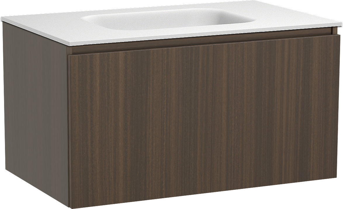 Balmani Sfera zwevend badmeubel 90 x 55 cm eucalyptus met Tablo Arcato enkele wastafel in solid surface mat wit