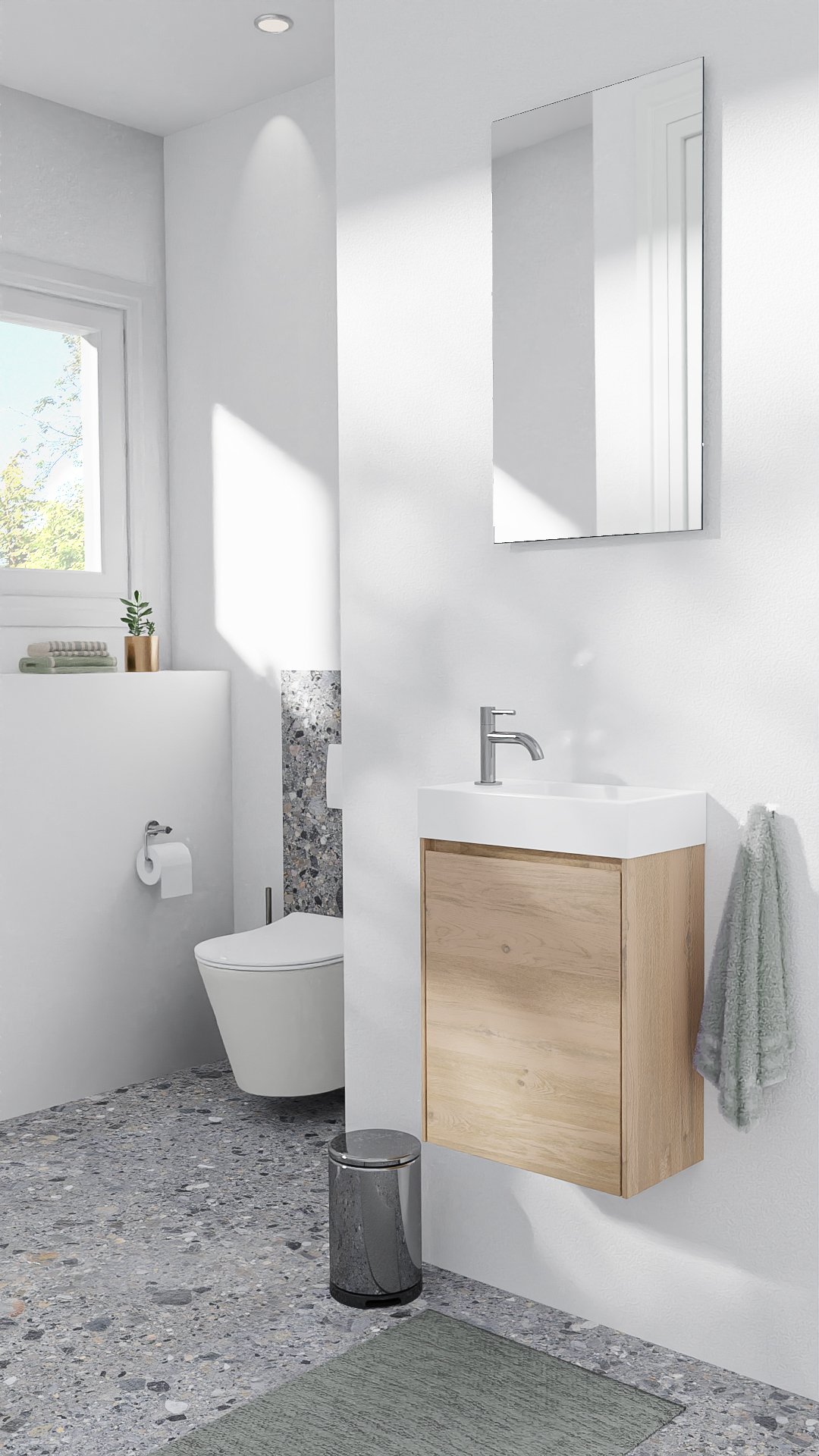 Storke Edge hängendes Badmöbel Set (Gäste WC): 40 x 22 cm, Eiche rustikal, Vida Waschtisch, Marmorkomposit, glänzend