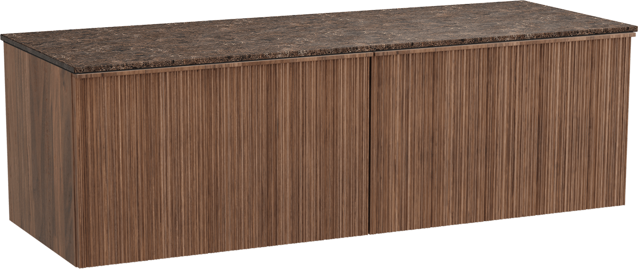 Balmani Forma zwevend badkamermeubel 150 x 55 cm amerikaanse notelaar met Stretto enkel of dubbel tablet in marmer dark emperador, Verticale asymmetrische ronde ribbel