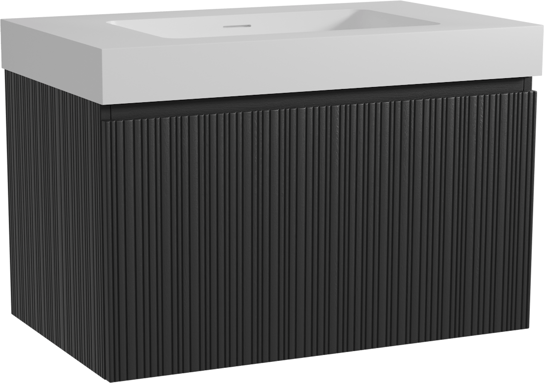 Storke Ribs zwevend badmeubel 85 x 52 cm zwart eiken met Mata High enkele wastafel in solid surface mat wit, Verticale asymmetrische rechte ribbel