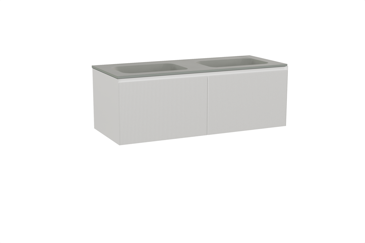 Balmani Fila zwevend badkamermeubel 135 x 55 cm mat wit met Tablo Strada dubbele wastafel in composietmarmer zijdegrijs, Verticale symmetrische rechte ribbel