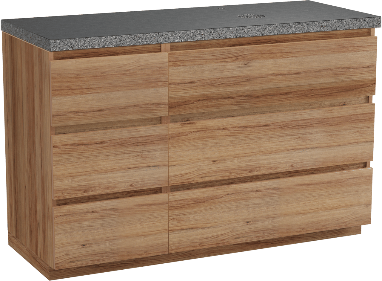 Balmani Lucida freistehendes Möbelstück Set: 135 x 55 cm, Teak, mit Rock Waschtisch rechts, Schwarzes Granit