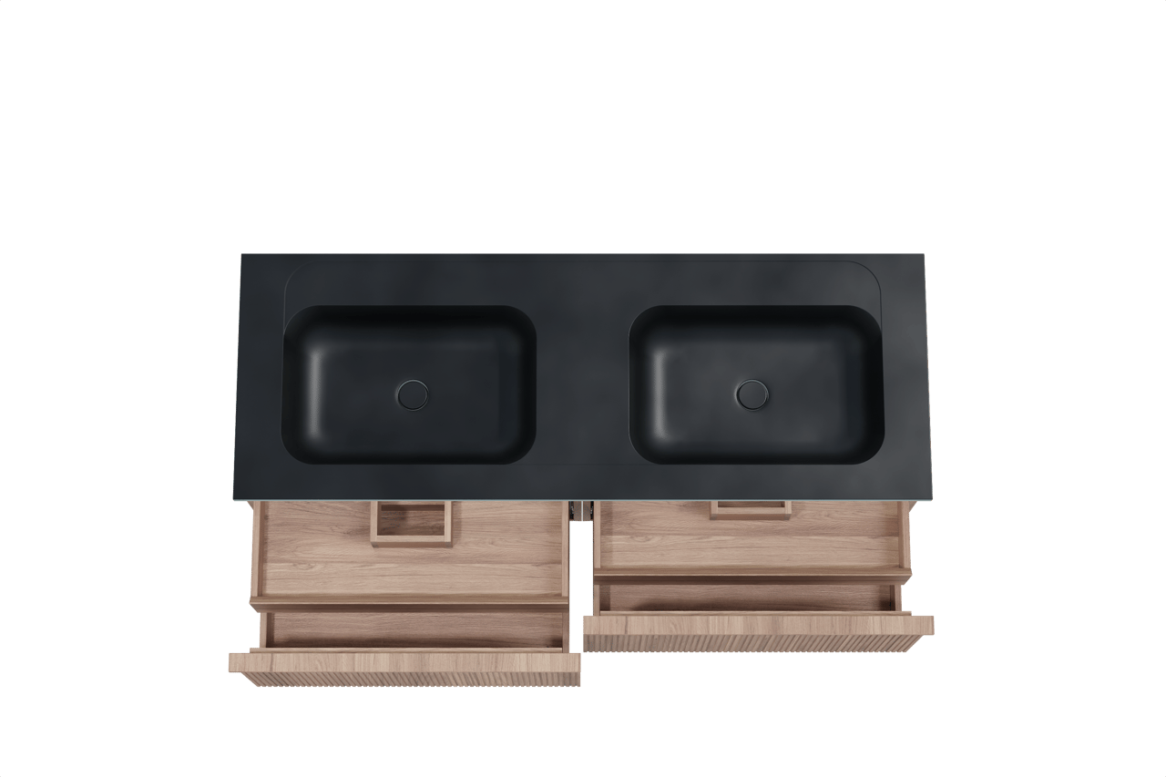 Balmani Forma zwevend badmeubel 150 x 55 cm teakhout met Tablo Strada dubbele wastafel in composietmarmer mat zwart, Verticale symmetrische rechte ribbel
