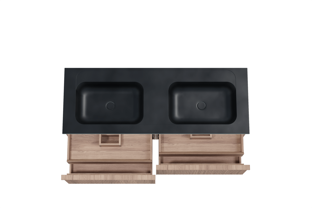 Balmani Forma hängendes Möbelstück Set: 150 x 55 cm, Teak, mit Tablo Strada Doppelwaschtisch, Marmorkomposit, Schwarz matt, Vertikale symmetrische gerade Rippe