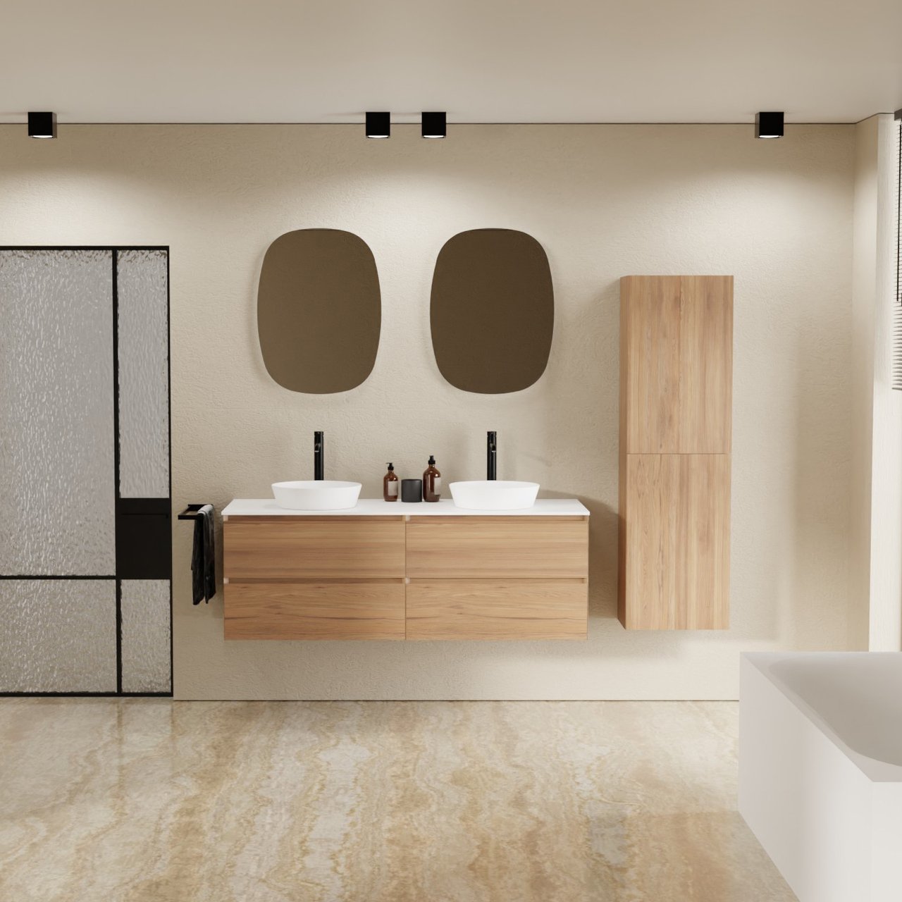 Balmani Mitra meuble salle de bains suspendu 150 x 55 cm teck avec Stretto tablette simple ou double en solid surface blanc mat