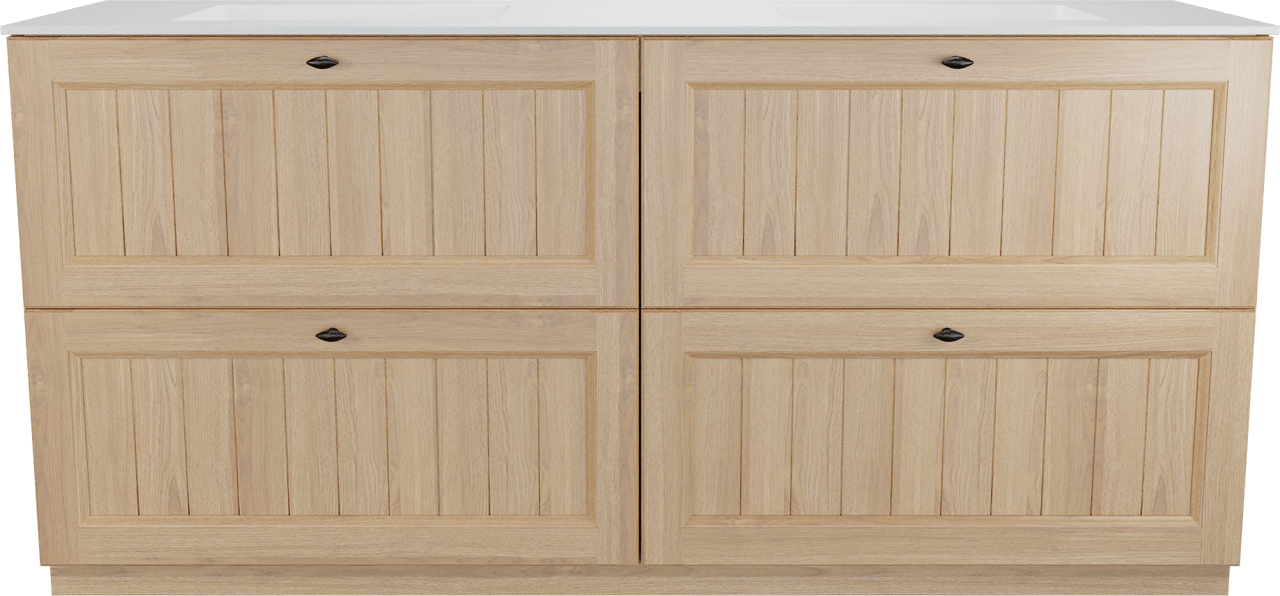 Balmani Lemon freistehendes Möbelstück Set: 180 x 55 cm, Naturbelassene Eiche Furnier, mit Tablo Stretto Doppelwaschtisch, Weiß matt