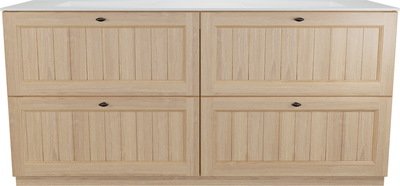 Balmani Lemon staand badkamermeubel 180 x 55 cm, fineer natuur eik met Tablo Stretto dubbele wastafel in mat wit