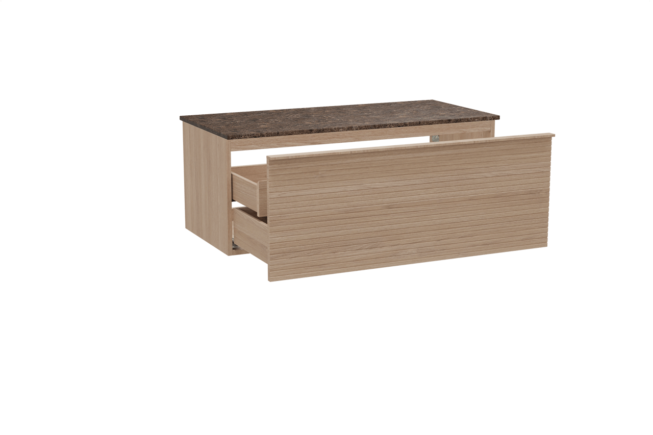 Balmani Forma zwevend badkamermeubel 120 x 55 cm natuur eik met Stretto enkel of dubbel tablet in marmer dark emperador, Horizontale symmetrische rechte ribbel