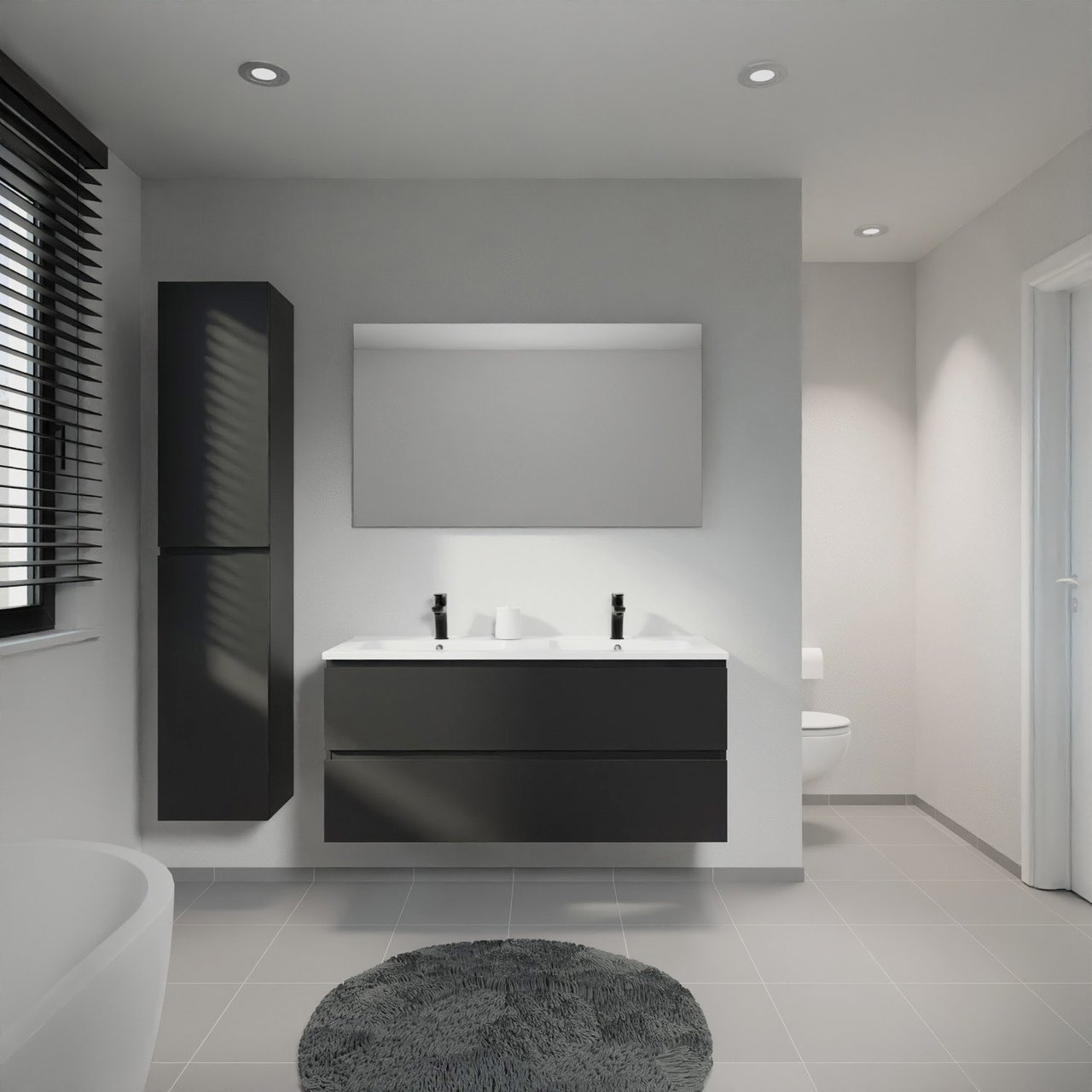 Linie Lado hängendes Möbelstück Set: 120 x 46 cm, Schwarz matt, mit Vano Doppelwaschtisch, Marmorkomposit Weiß glänzend