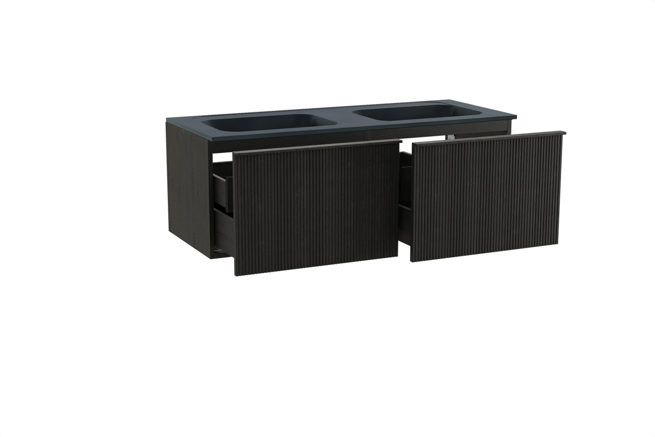 Balmani Forma zwevend badkamermeubel 135 x 55 cm zwarte eik met Tablo Strada dubbele wastafel in composietmarmer mat zwart, Verticale symmetrische rechte ribbel