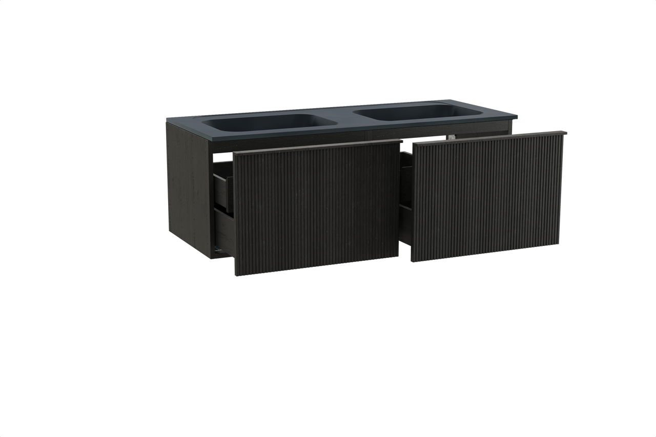 Balmani Forma zwevend badkamermeubel 135 x 55 cm zwarte eik met Tablo Strada dubbele wastafel in composietmarmer mat zwart, Verticale symmetrische rechte ribbel