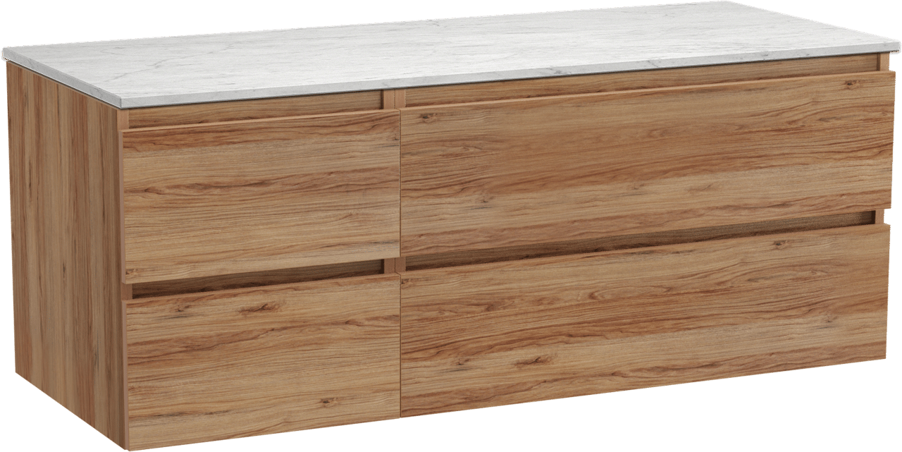 Balmani Lucida hängendes Möbelstück Set: 135 x 55 cm, Teak, mit Stretto Einzel- oder Doppel Waschtischplatte, Marmor Carrara
