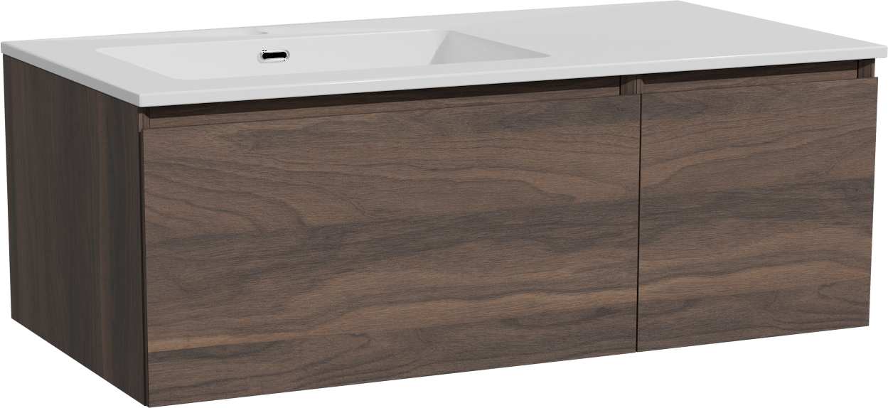 Storke Edge meuble salle de bains suspendu 100 x 52 cm noyer avec Diva vasque asymétrique gauche en marbre composite blanc brillant