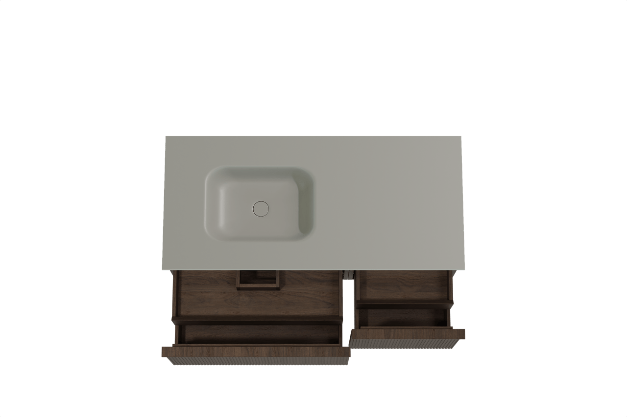 Balmani Forma zwevend badmeubel 120 x 55 cm gerookt eiken met Tablo Arcato asymmetrisch linkse wastafel in solid surface steengrijs, Verticale symmetrische rechte ribbel