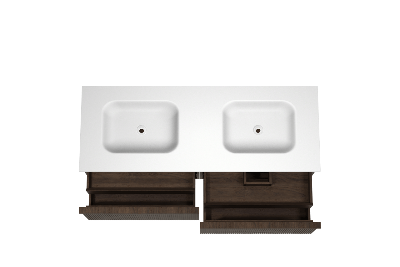 Balmani Forma zwevend badmeubel 150 x 55 cm gerookt eiken met Tablo Arcato dubbele wastafel in solid surface mat wit, Verticale symmetrische rechte ribbel