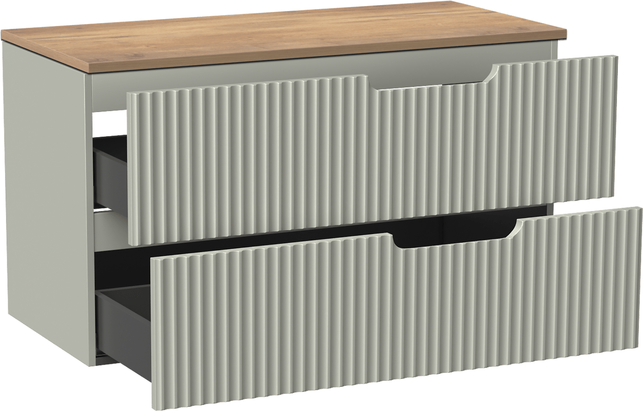 Linie Ribbo zwevend badkamermeubel 100 x 46 cm greige met Lado enkel of dubbel tablet in melamine natuur eik, Verticale symmetrische ronde ribbel