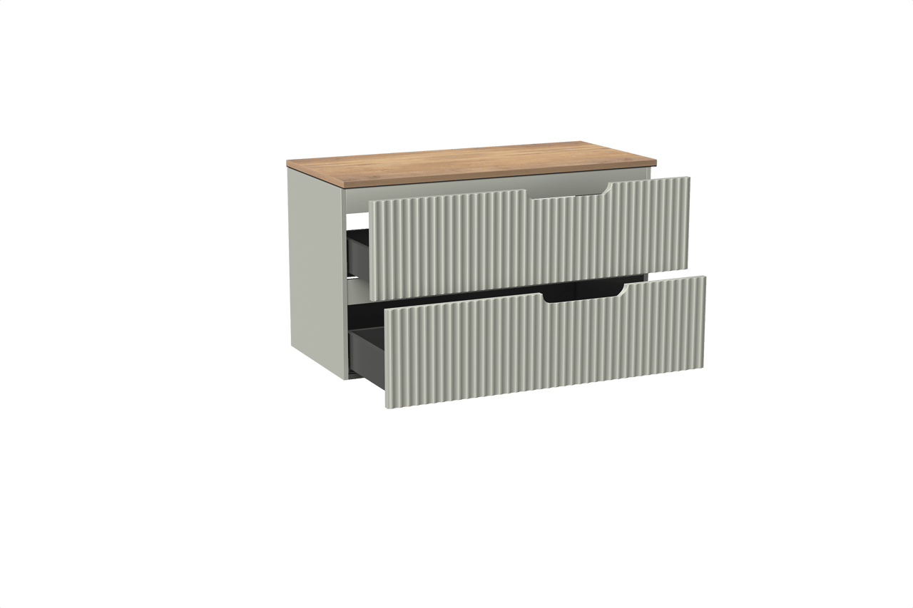 Linie Ribbo hängendes Möbelstück Set: 100 x 46 cm, Greige, mit Lado Einzel- oder Doppel Waschtischplatte, Melamin, Naturbelassene Eiche, Vertikale symmetrische runde Rippe