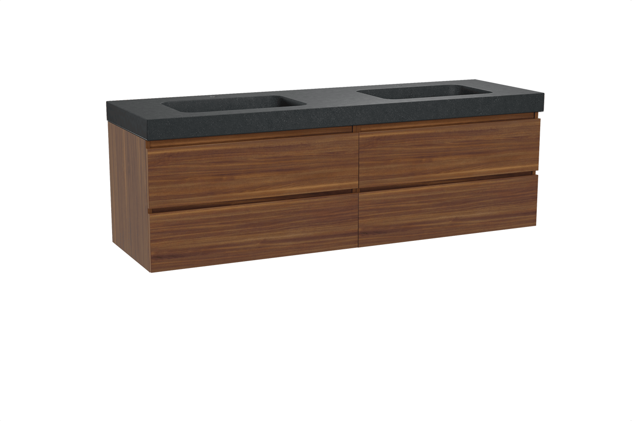 Balmani Lucida hängendes Möbelstück Set: 180 x 55 cm, Amerikanischer Nussbaum, mit Napoli Doppelwaschtisch, Schwarzes Granit