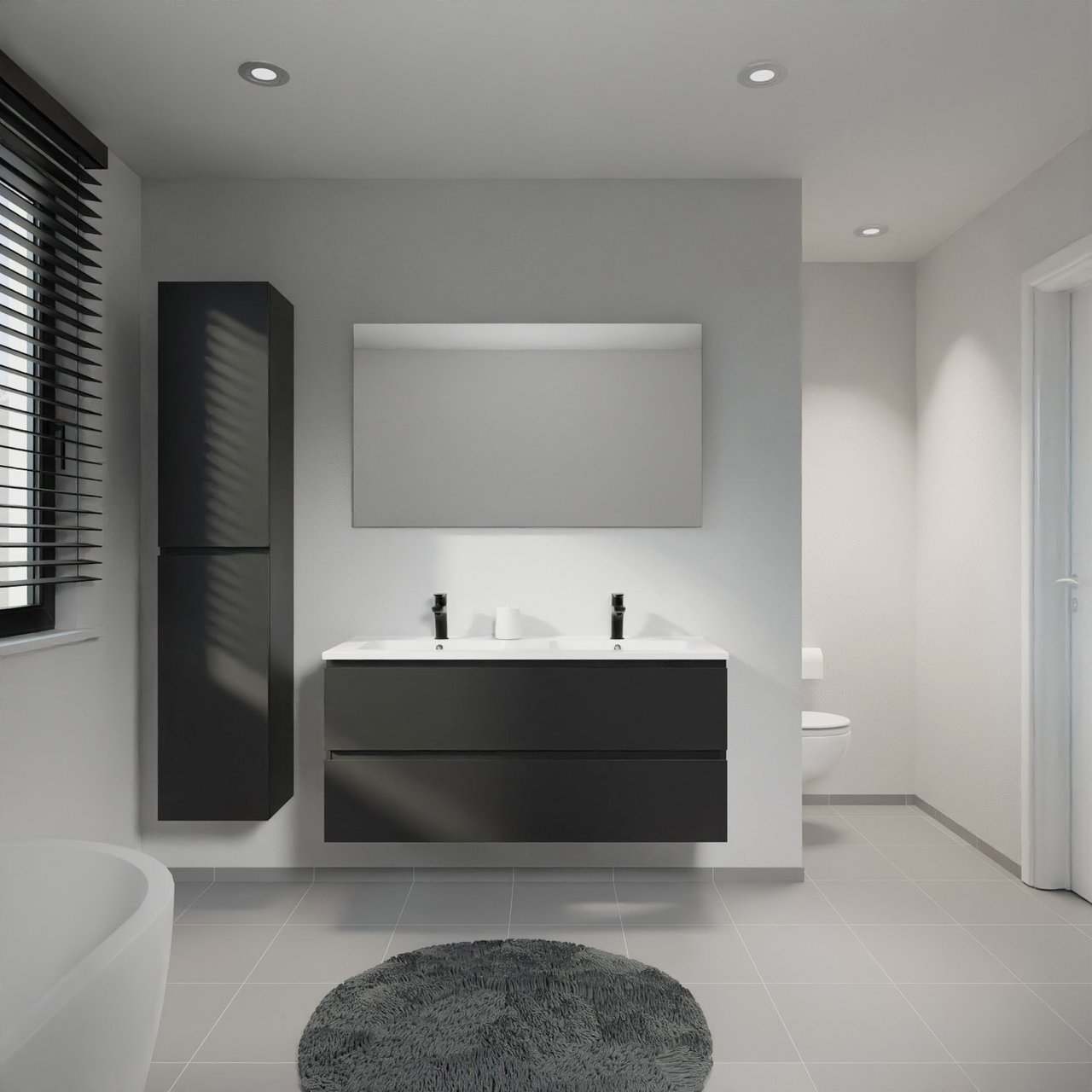 Linie Lado zwevend badmeubel 120 x 46 cm mat zwart met Vano dubbele wastafel in composietmarmer mat wit