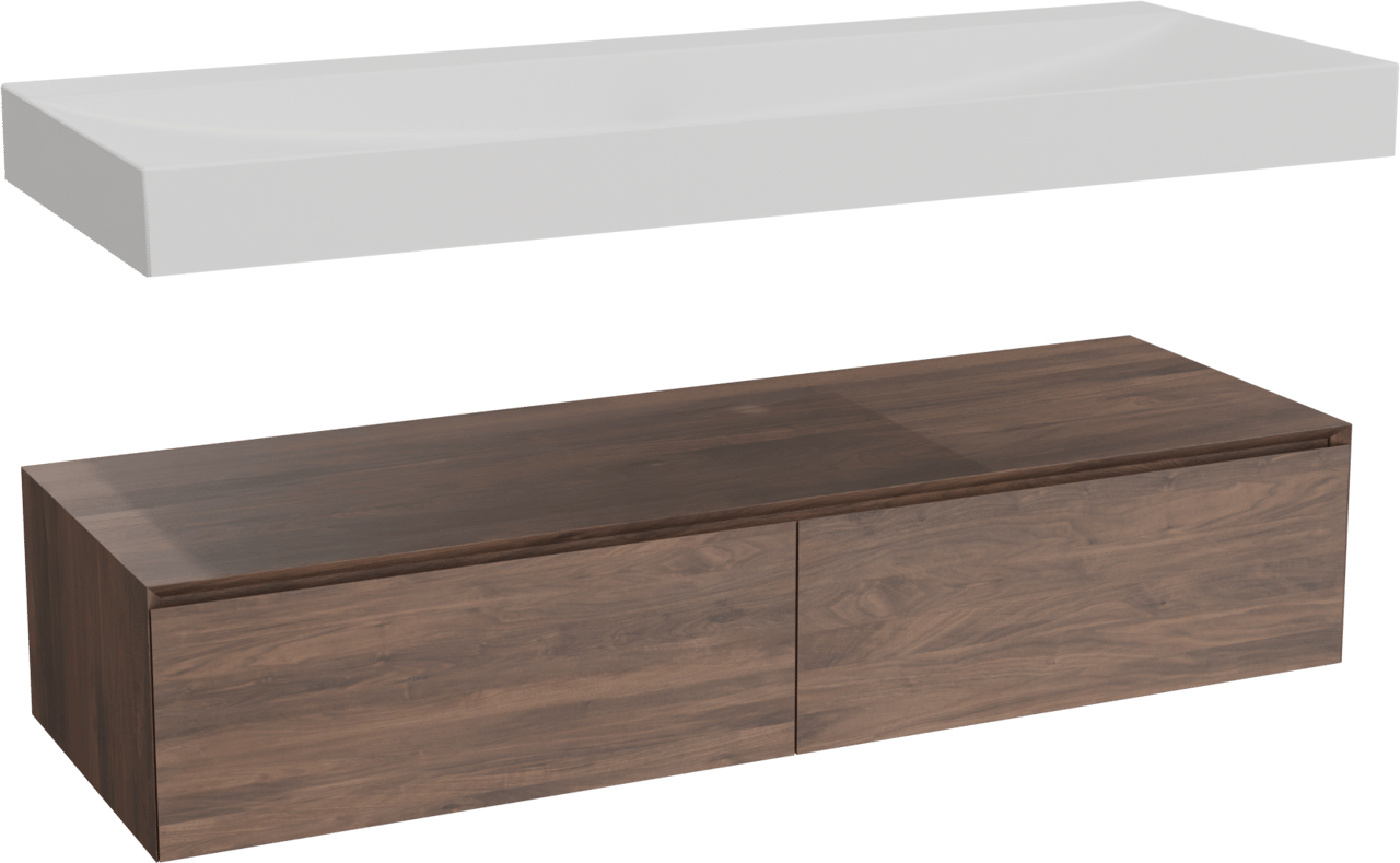 Balmani Mitra Elements hängendes Möbelstück Set: 150 x 55 cm, Amerikanischer Nussbaum mit Wave Einzelwaschtisch für 2 Armaturenlöcher, Solid Surface Weiß matt