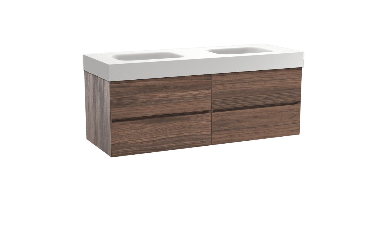 Balmani Mitra zwevend badkamermeubel 150 x 55 cm notelaar met Arcato dubbele wastafel in solid surface mat wit