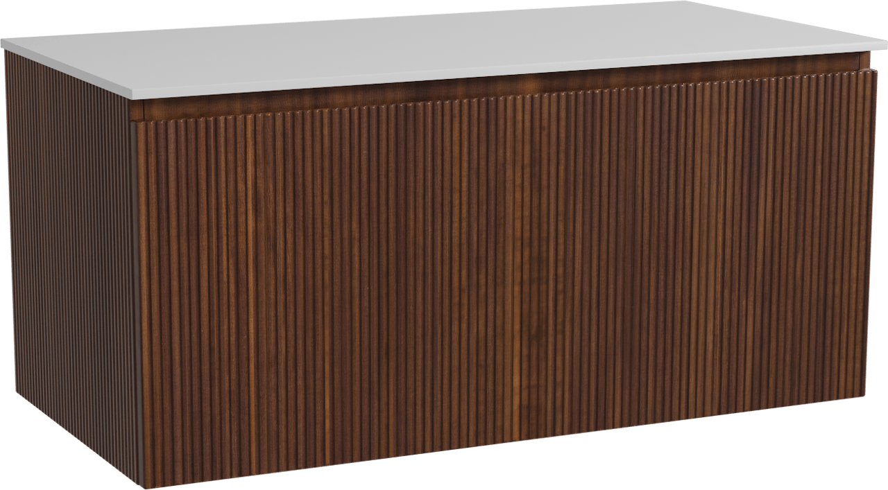 Storke Ribs zwevend badmeubel 105 x 52 cm notenhout met Tavola enkel wastafelblad in solid surface mat wit, Verticale symmetrische rechte ribbel
