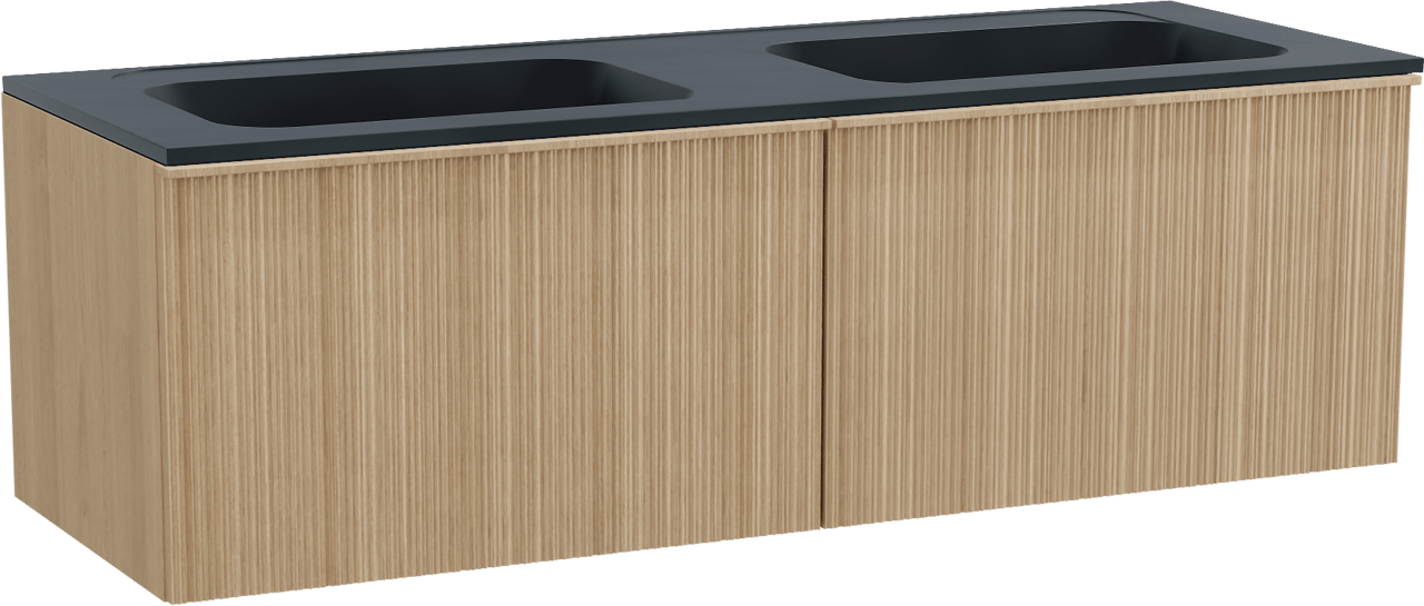 Balmani Forma meuble salle de bains suspendu 150 x 55 cm chêne naturel avec Tablo Strada double vasque en marbre composite noir mat, Nervure circulaire asymétrique verticale