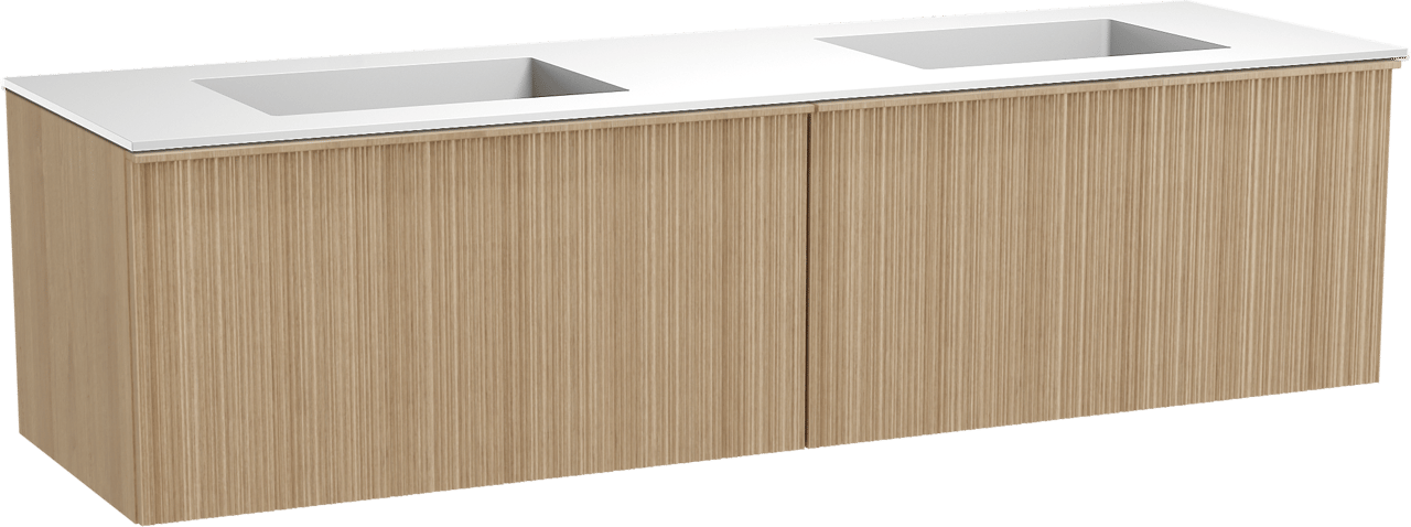 Balmani Forma hängendes Möbelstück Set: 180 x 55 cm, Naturbelassene Eiche, mit Tablo Stretto Doppelwaschtisch, Solid Surface, Weiß matt, Vertikale asymmetrische Runde Rippe