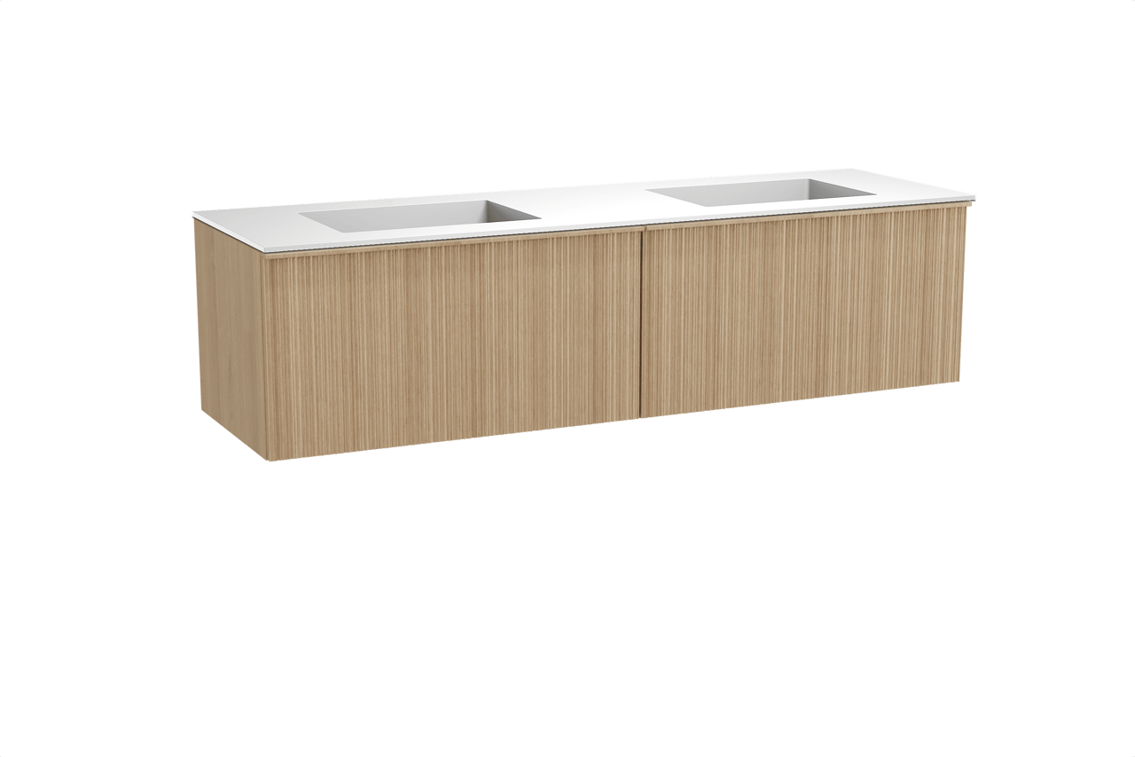Balmani Forma zwevend badkamermeubel 180 x 55 cm natuur eik met Tablo Stretto dubbele wastafel in solid surface mat wit, Verticale asymmetrische ronde ribbel