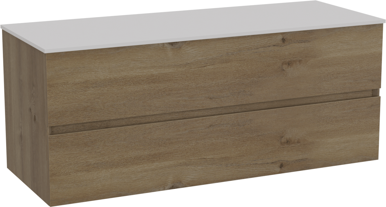 Storke Edge zwevend badmeubel 120 x 46 cm ruw eiken met Tavola enkel of dubbel wastafelblad in solid surface mat wit