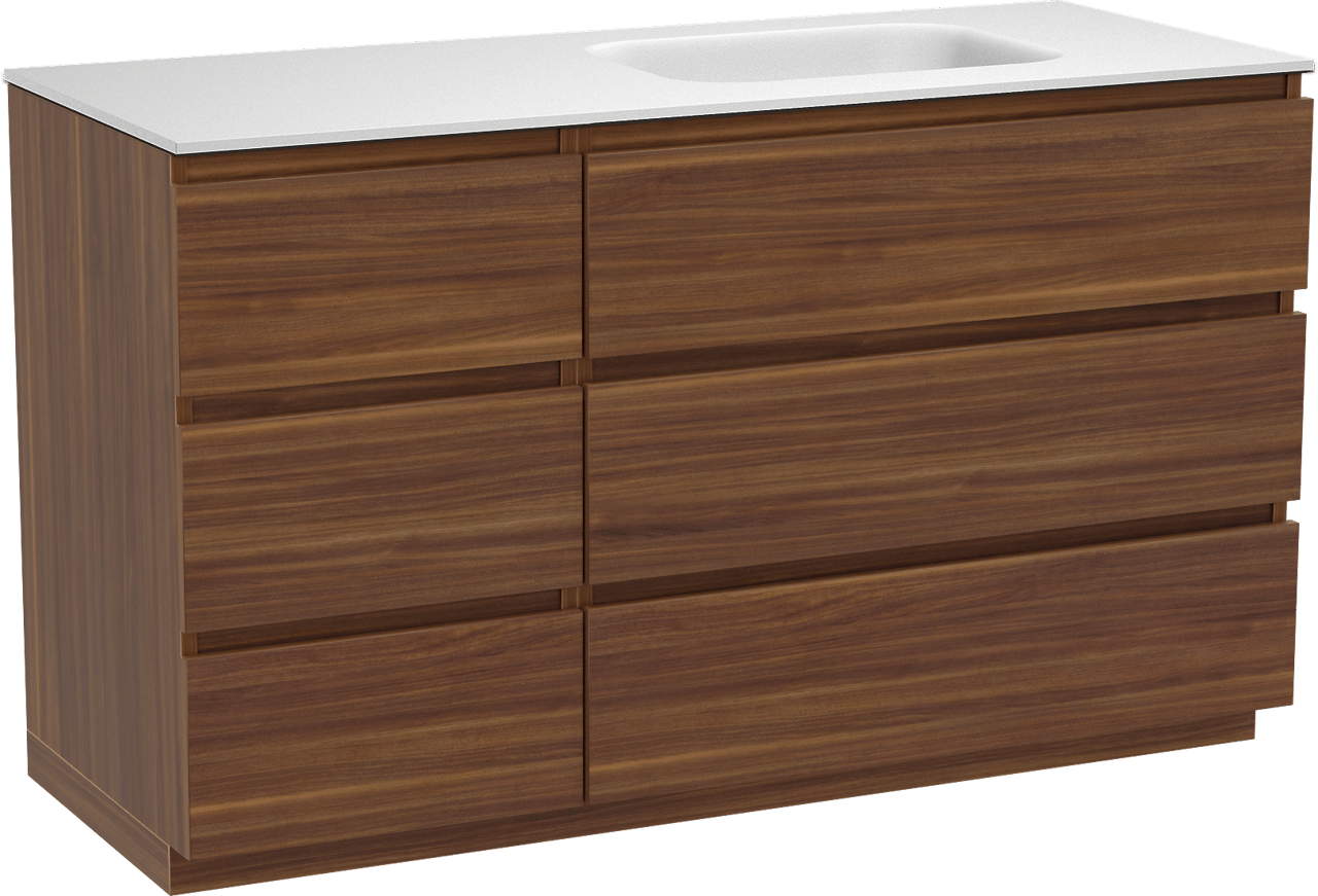 Balmani Lucida meuble salle de bains à poser 135 x 55 cm noyer américain avec Tablo Arcato vasque asymétrique droite en solid surface blanc mat